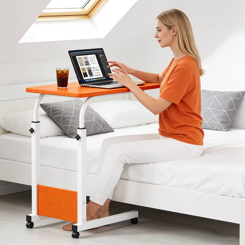 Height-Adjustable Mobile Laptop Table - 4-Wheel Rolling Study/Workstation Desk with Dual Shelves for Bedside/Dorm/Office Use, Sturdy Steel Frame & Modern Finish (Space-Saving Design)