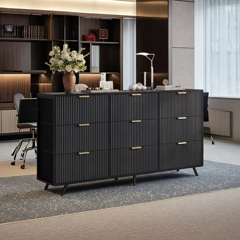 Modern Fluted Wood Office Chest with 9 Drawers Metal Handles Storage Dresser Filing Organizer for Home Office Wide Chest of Drawers