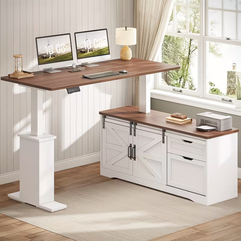 Farmhouse L-Shaped Standing Desk, 55" Computer Desk with 2 Storage Drawers, Height Adjustable Office Desk for Home Office  Brand: ITAAR
