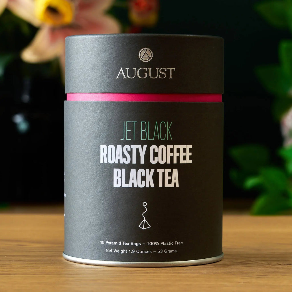 Jet Black Roasty Coffee Black Tea 15 tea bags packaging with espresso, hazelnut, and steamed milk flavor notes