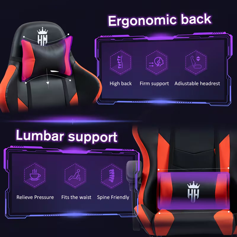 Ergonomic Gaming Chair with Spring Cushion, Retractable Footrest, Adjustable Headrest & Lumbar Support, PU Leather, Height Adjustable Swivel Seat, for Office, Gaming & Video