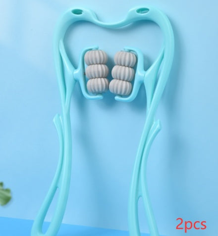 6-Roller Cervical Massager with six rotating wheels and ergonomic swan design in pink and blue for neck and muscle relief