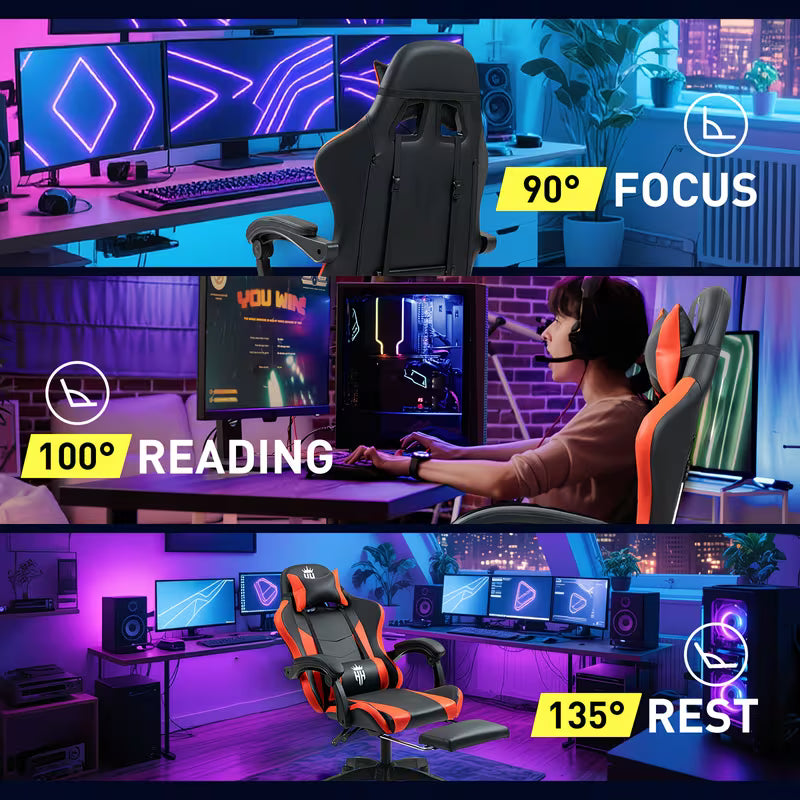 Ergonomic Gaming Chair with Spring Cushion, Retractable Footrest, Adjustable Headrest & Lumbar Support, PU Leather, Height Adjustable Swivel Seat, for Office, Gaming & Video