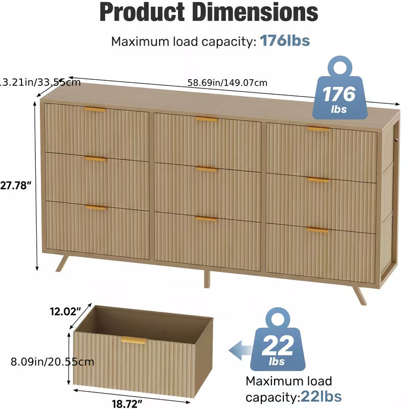 Modern Fluted Wood Office Chest with 9 Drawers Metal Handles Storage Dresser Filing Organizer for Home Office Wide Chest of Drawers