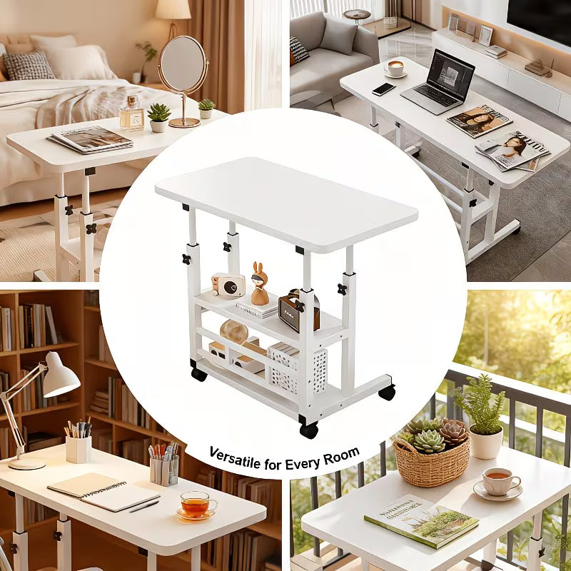 Portable Compact Computer Desk Cart, Small Space Workstation Writing Table Printer Stand, with Wheels, Mobile Office Desk, Portable Small Computer Table, Study Desk, Adjustable Height Standing Desk, Multifunctional, Suitable for Bedside, Sofa Side