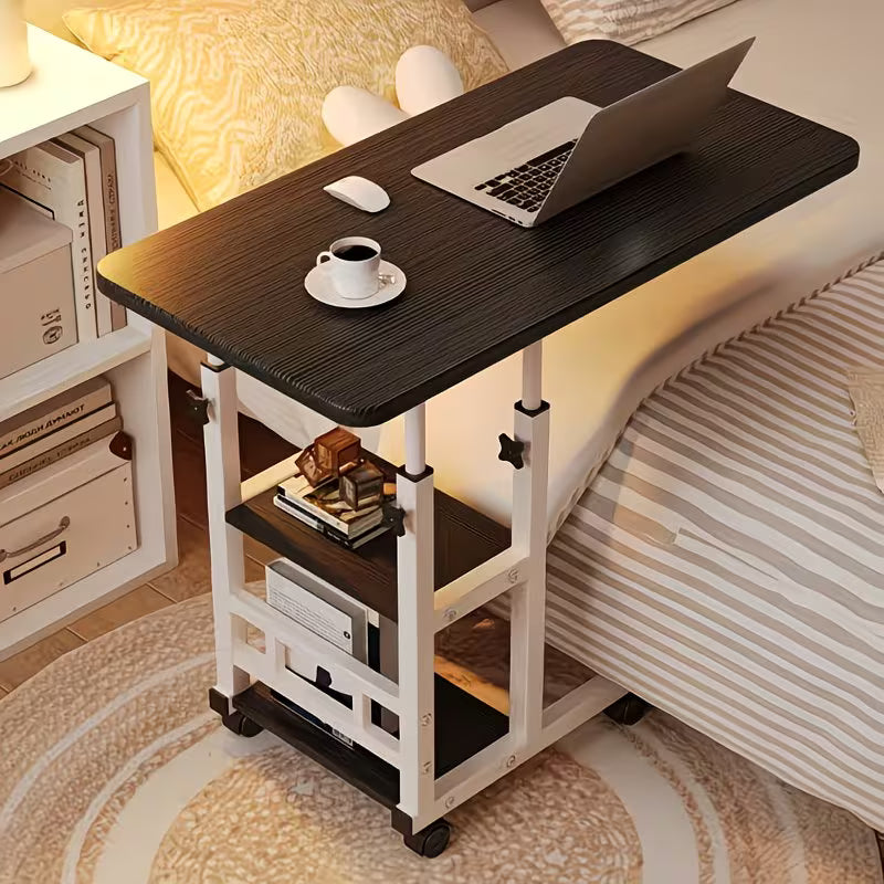 Height-Adjustable Mobile Laptop Table - 4-Wheel Rolling Study/Workstation Desk with Dual Shelves for Bedside/Dorm/Office Use, Sturdy Steel Frame & Modern Finish (Space-Saving Design)