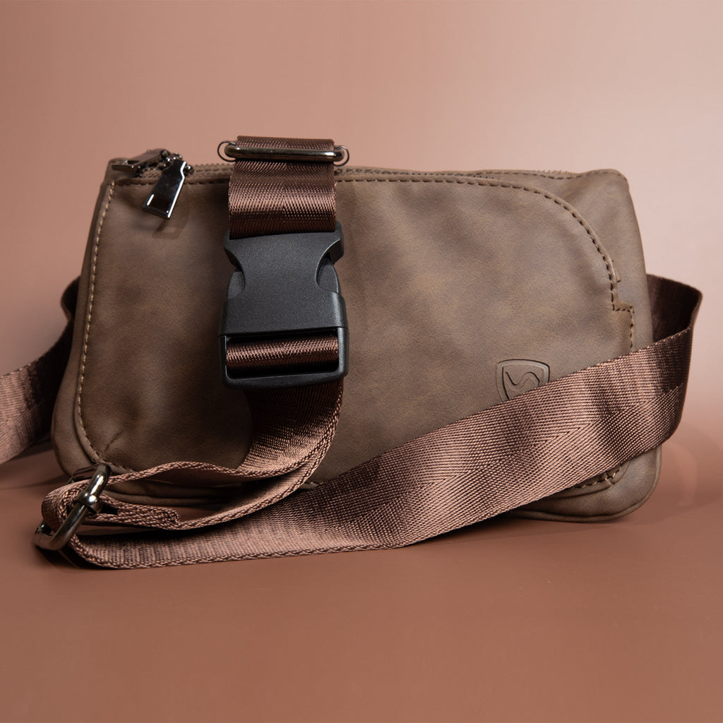 SYB Cross Body Fanny Pack in metro vegan leather with EMF shielding and zipper compartments