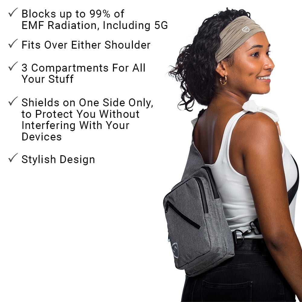 SYB Sling Bag with SaferBody™ technology shielding against 5G and EMF radiation, featuring three compartments and adjustable strap.