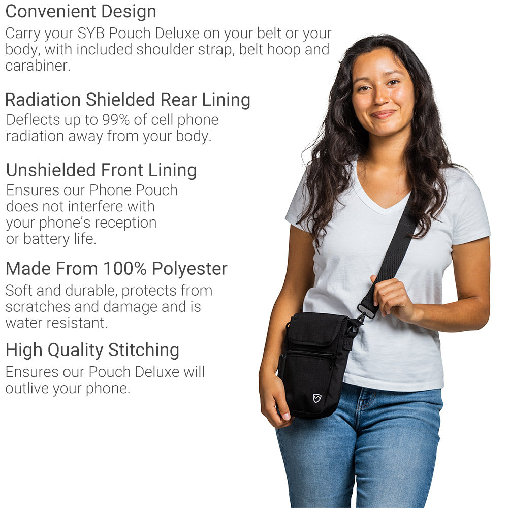 SYB Phone Pouch Deluxe with EMF shielding, multiple carrying options, and zipper compartments