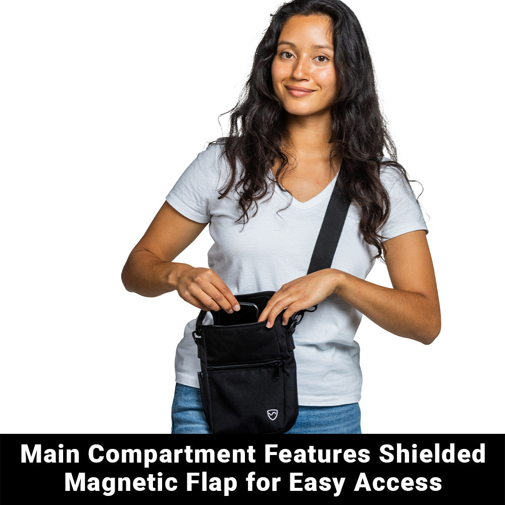 SYB Phone Pouch Deluxe black crossbody bag with EMF shielding and multiple carrying options