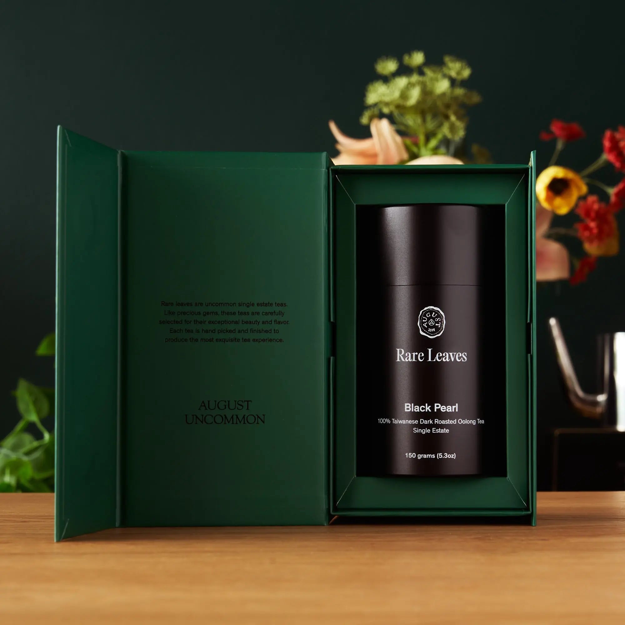 Luxury Rare Leaves teas gift set with three full-size tins of single estate organic teas in sleek aluminum caddies
