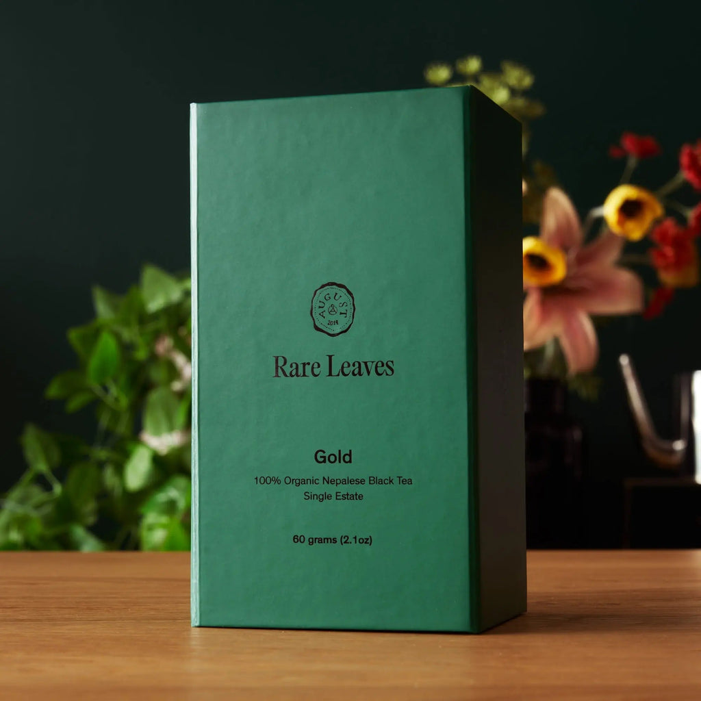 Rare Leaves Gold single estate Nepalese black tea with roasted barley, clover, and honey flavor notes in a premium aluminum caddy