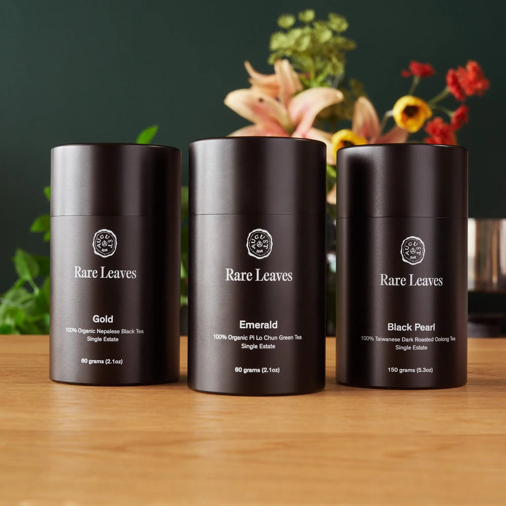 Luxury Rare Leaves teas gift set with three full-size single estate tins in a sleek aluminum caddy