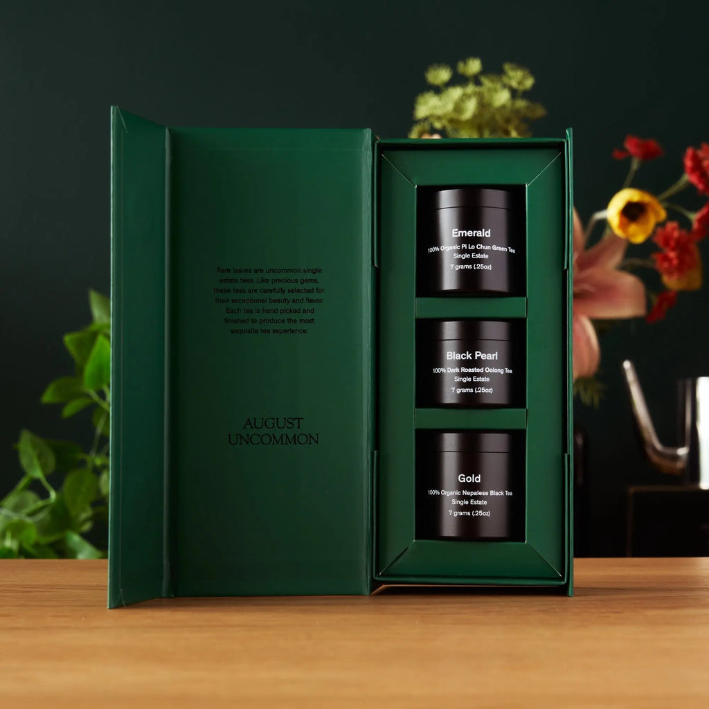 Rare Leaves Teas mini tin sampler with Emerald, Black Pearl, and Gold single origin teas