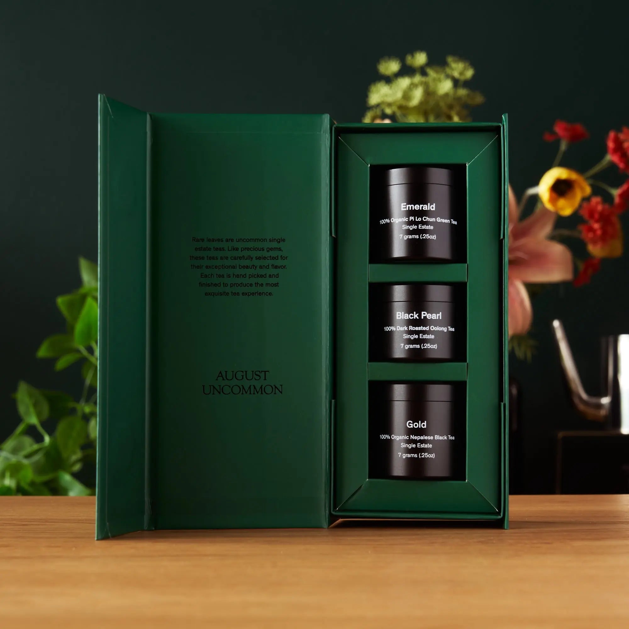 Rare Leaves Teas mini tin sampler with Emerald, Black Pearl, and Gold single origin teas