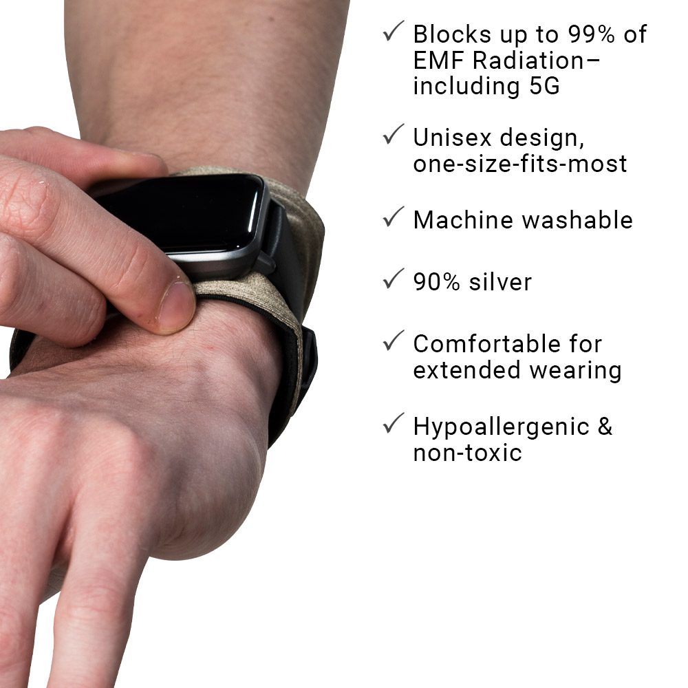 SYB Wrist Band shielding smartwatch EMF and 5G radiation with breathable elastic silver fabric